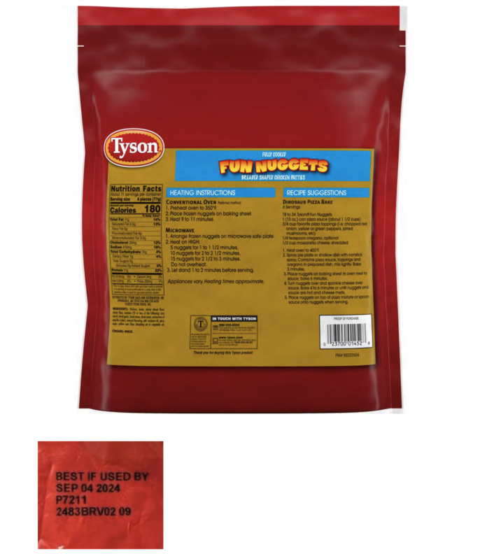back of Tyson Fun Nuggets package with offset, enlarged product codes
